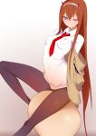  arched_back bad_id bad_pixiv_id bangs black_legwear blue_eyes blush breasts brown_hair closed collared_shirt commentary_request cosplay darling_in_the_franxx eyebrows_visible_through_hair gradient gradient_background hair_between_eyes hairband horns jacket long_hair makise_kurisu medium_breasts necktie one_eye_closed pantyhose red_neckwear shirt simple_background sitting solo steins;gate white_hairband white_shirt wing_collar yostxxx zero_two_(darling_in_the_franxx) zero_two_(darling_in_the_franxx)_(cosplay) 