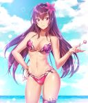  ass_visible_through_thighs beach bikini blue_sky bracelet breasts candy cleavage cloud cloudy_sky commentary_request day fate/grand_order fate_(series) flower food hair_flower hair_ornament hibiscus jewelry kunai large_breasts leg_garter lollipop looking_at_viewer navel ocean pink_bikini purple_bikini purple_hair red_eyes scathach_(fate)_(all) scathach_(swimsuit_assassin)_(fate) sky smile sparkle swimsuit thigh_strap tsuru_ringo weapon 
