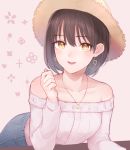  :d bangs bent_over blush brown_hair brown_hat collarbone denim earrings eyebrows_visible_through_hair hat idolmaster idolmaster_cinderella_girls jeans jewelry long_sleeves looking_at_viewer monotiina necklace off-shoulder_shirt open_mouth pants pendant pink_shirt shirt short_hair smile solo straw_hat takafuji_kako upper_body yellow_eyes 