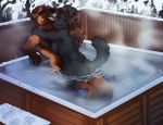  2018 anthro black_fur blue_nose breasts brown_eyes brown_fur brown_hair canine day dbd detailed_background dog duo female fur hair hot_tub male male/female mammal mustelid outside partially_submerged penetration sex sherri_mayim snow water wolverine 