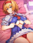  alice_margatroid bed_sheet blonde_hair blue_dress blue_eyes breasts capelet closed_mouth commentary_request condom_wrapper dress dress_lift eyebrows_visible_through_hair hair_between_eyes hairband highres large_breasts looking_at_viewer lying no_bra on_back open_clothes paizuri_invitation panties puffy_short_sleeves puffy_sleeves red_hairband red_neckwear red_panties shirt short_dress short_hair short_sleeves solo tareme tarmo tissue_box touhou unbuttoned underboob underwear wavy_mouth white_shirt 
