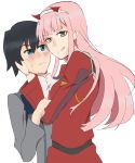  1girl black_hair blue_eyes commentary_request couple darling_in_the_franxx green_eyes hand_on_another's_face hiro_(darling_in_the_franxx) horns hug licking_lips long_hair military military_uniform palettes pink_hair tongue tongue_out uniform zero_two_(darling_in_the_franxx) 