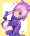  animal_ears blush bodysuit breasts cat_ears cleavage commentary_request covered_nipples fake_animal_ears fee_kissethermit gloves hair_over_one_eye impossible_bodysuit impossible_clothes large_breasts looking_at_viewer mignon motto!_haramase!_honoo_no_oppai_isekai_ero_mahou_gakuen! plugsuit purple_eyes purple_hair short_hair signature skin_tight solo triangle_mouth two-tone_background upper_body v 