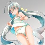  ahoge bare_arms bare_shoulders blue_hair blush cameltoe closed_mouth comah dutch_angle eyebrows_visible_through_hair from_below gradient gradient_background gradient_hair green_panties grey_background grey_hair hair_between_eyes kantai_collection kiyoshimo_(kantai_collection) long_hair looking_at_viewer looking_down low_twintails multicolored_hair navel panties polka_dot polka_dot_panties smile solo standing tareme thigh_gap thighs twintails underwear underwear_only very_long_hair 
