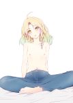 ahoge alternate_costume arm_support bangs barefoot bed_sheet blonde_hair blush bow braid collarbone denim eyebrows_visible_through_hair flat_chest gradient_hair green_hair hair_bow head_tilt highres indian_style jeans kirisame_marisa leaning_back long_hair looking_at_viewer multicolored_hair navel nipples nirap no_hat no_headwear open_mouth pants parted_bangs side_braid simple_background sitting solo toenails topless touhou white_background white_bow yellow_eyes 
