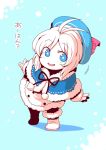  antenna_hair beret blue_capelet blue_eyes blue_hat boots capelet chibi dennou_shoujo_youtuber_shiro full_body fur-trimmed_boots fur-trimmed_capelet fur-trimmed_sleeves fur_trim hat leaning_forward no_nose shiro_(dennou_shoujo_youtuber_shiro) smile solo standing tsuki_wani virtual_youtuber 