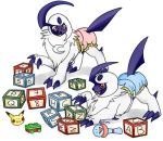  absol better_version_at_source claws diaper duo female feral fur horn jewelry mammal necklace nelsonnoir nintendo open_mouth pok&eacute;mon pok&eacute;mon_(species) red_eyes simple_background smile toy video_games white_fur 