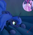  2016 ass_up blue_eyes blue_fur blue_hair bottomless butt clothed clothing duo equine female feral friendship_is_magic fur hair hi_res horn inside laser mammal multicolored_hair my_little_pony princess_luna_(mlp) purple_eyes purple_fur simple_background tongue tongue_out twilight_sparkle_(mlp) twiren unicorn 