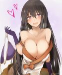  asymmetrical_gloves bare_shoulders blush bra bra_removed breasts brown_hair cleavage earrings elbow_gloves fate/grand_order fate_(series) gloves heart highres himuka_(523) holding holding_bra hoop_earrings jewelry large_breasts long_hair off_shoulder purple_background purple_eyes single_elbow_glove solo twitter_username underwear very_long_hair xuanzang_(fate/grand_order) 