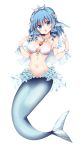 bare_arms bare_shoulders blue_eyes blue_hair breasts cleavage commentary_request drill_hair eyebrows_visible_through_hair frills full_body hands_up head_fins head_tilt highres jewelry looking_at_viewer maturiuta_sorato medium_breasts mermaid monster_girl navel necklace open_mouth ribs scales shell shell_bikini shiny shiny_hair simple_background solo standing stomach tiara touhou wakasagihime white_background white_bikini_top wrist_cuffs 