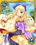  blonde_hair blush card_(medium) curly_hair day detached_sleeves dress enjutsu food_on_finger green_eyes hair_ribbon hand_to_own_mouth honey koihime_musou long_hair official_art one_eye_closed outdoors ribbon saeki_hokuto sash smile solo very_long_hair yellow_dress 