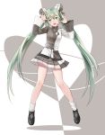  :d asymmetrical_clothes black_footwear brown_skirt double_bun floating_hair full_body green_eyes green_hair hair_between_eyes hatsune_miku head_tilt highres ice_(jinqinglin77) long_hair looking_at_viewer loose_socks miniskirt open_mouth pleated_skirt project_diva_(series) shoes skirt smile solo twintails ura-omote_lovers_(vocaloid) very_long_hair vocaloid white_legwear 