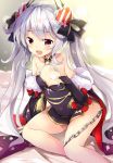  azur_lane bangs bare_shoulders bed black_dress commentary_request dress elbow_gloves fur_trim gloves long_hair maruchan. red_eyes ribbon silver_hair sitting solo twintails vampire_(azur_lane) 