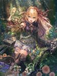  :d arisa_(shadowverse) arm_support arrow bangs belt belt_pouch blonde_hair boots bow_(weapon) breasts brown_footwear brown_gloves brown_hair chin_rest commentary_request daisy day dress elbow_gloves elbow_rest eyebrows_visible_through_hair fairy fairy_wings flower flying forest gloves green_eyes hair_ribbon hair_tubes hairband highres holding holding_sword holding_weapon kuroi_susumu light_rays long_hair long_sleeves looking_at_viewer low_twintails medium_breasts minigirl multiple_girls nature open_mouth outdoors outstretched_arm pointy_ears pouch quiver red_ribbon ribbon shadowverse sheath sheathed shirt sitting skirt sleeveless sleeveless_shirt smile sword sword_behind_back thigh_boots thighhighs twintails weapon wings 