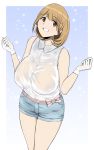 absurdres bad_id bad_pixiv_id bare_shoulders blue_shorts breasts brown_eyes brown_hair covered_nipples gloves green_kaminari grin highres huge_breasts narusawa_ryouka navel occultic;nine see-through shirt short_hair shorts sleeveless sleeveless_shirt smile solo sparkle star wet wet_clothes white_gloves white_shirt 