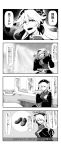  4koma :d absurdres balcony bench black_dress breasts character_name chinese_clothes closed_mouth comic commentary_request covering_head dress eyebrows_visible_through_hair eyelashes flipped_hair greyscale hair_between_eyes halftone halftone_background hand_on_railing headdress high_collar highres junko_(touhou) kikoka_(mizuumi) large_breasts line_shading long_hair monochrome obi open_mouth outdoors rain sash sekai_fushigi_hakken! sitting sky slit_pupils smile solo speech_bubble tabard tassel tongue touhou translation_request upper_teeth wall 