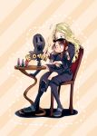 :p belt black_dress black_footwear blonde_hair blue_eyes blush boots brown_hair chair chemistry child diagonal-striped_background diagonal_stripes diana_cavendish dotted_line dress flying_sweatdrops full_body holding jar kagari_atsuko knee_boots kuma_(bloodycolor) light_green_hair little_witch_academia long_hair magic multiple_girls on_chair on_lap potion red_eyes sitting sitting_on_lap sitting_on_person striped striped_background sweatdrop table tareme test_tube time_paradox tongue tongue_out topknot v-shaped_eyebrows wavy_hair younger 