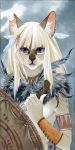  anthro armband blue_eyes cat clothed clothing feline fur hair knife long_hair looking_at_viewer male mammal nekoart open_mouth shield solo topless whiskers white_fur white_hair 