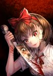  blood blood_on_face bloody_knife bow brown_eyes brown_hair commentary_request highres knife looking_at_viewer original short_hair solo_focus taniguchi_seima 