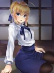  :o ahoge arm_support artoria_pendragon_(all) bangs black_legwear blonde_hair blue_eyes blue_neckwear blue_ribbon blue_skirt blush collared_shirt d: eyebrows_visible_through_hair fate/stay_night fate_(series) full_body gakuon_(gakuto) hair_ribbon indoors looking_at_viewer medium_skirt neck_ribbon on_floor open_mouth pantyhose ribbon saber shirt short_hair sidelocks sitting skirt solo tatami white_shirt yokozuwari 