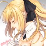  ahngkeut ahoge artoria_pendragon_(all) bare_shoulders black_bow blonde_hair blush bow breasts cleavage detached_collar fate/unlimited_codes fate_(series) from_side gloves gradient gradient_background grey_background hair_bow hand_on_own_chest long_hair parted_lips ponytail profile saber_lily shiny shiny_hair sidelocks smile solo strapless twitter_username upper_body white_gloves 