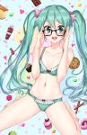  athenawyrm bespectacled blush bow bra commentary_request food glasses green_bra green_eyes green_hair green_panties hair_bow hatsune_miku long_hair looking_at_viewer navel open_mouth panties sitting solo sweets twintails underwear underwear_only very_long_hair vocaloid 