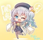  :d alternate_costume asimo953 bag bangs beret big_head black_footwear black_skirt blue_eyes blush breasts character_name chibi commentary_request eighth_note eyebrows_visible_through_hair full_body hair_between_eyes happy hat highres holding holding_bag jacket kantai_collection kashima_(kantai_collection) kerchief large_breasts long_hair long_sleeves mary_janes musical_note neckerchief no_nose one_eye_closed open_mouth outline pantyhose red_neckwear shirt shoes shopping_bag sidelocks silver_hair simple_background skirt smile solo spoken_musical_note standing standing_on_one_leg translated tsurime twitter_username two_side_up wavy_hair white_outline yellow_background yellow_jacket yellow_shirt 