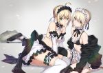  ahoge apron artoria_pendragon_(all) artoria_pendragon_(swimsuit_rider_alter) black_panties blank_eyes blonde_hair braid breasts choker cleavage commentary_request crown_braid fate/grand_order fate_(series) frills green_eyes hair_bun hair_ribbon jacket leg_garter looking_at_viewer maid_headdress mop multiple_girls off_shoulder open_clothes open_jacket panties parted_lips ribbon saber saber_alter saitou_masatsugu short_hair sitting small_breasts thighhighs underwear waist_apron white_legwear yellow_eyes yokozuwari 