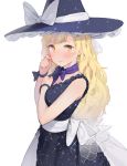  alternate_costume bare_arms black_dress black_hat blonde_hair blue_neckwear blush bow bowtie ddal dress earrings eyebrows_visible_through_hair from_side hand_up hat hat_bow highres jewelry kirisame_marisa long_hair looking_at_viewer revision ribbon sash simple_background solo sparkle standing star star_earrings touhou wavy_hair white_background white_bow witch_hat wrist_ribbon yellow_eyes 