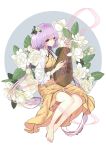  absurdres barefoot biwa_lute commentary_request double_dealing_character dress flower highres hysteria instrument lute_(instrument) music playing_instrument purple_eyes purple_hair solo touhou tsukumo_benben 