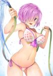  :d armpits arms_up bag bikini blush breasts cleavage contrapposto cowboy_shot fate/grand_order fate_(series) front-tie_bikini front-tie_top hair_over_one_eye highres hose large_breasts looking_at_viewer mash_kyrielight mismatched_bikini navel open_mouth pink_hair polka_dot_bikini_top purple_ribbon ribbon shiny shiny_hair shopping_bag short_hair side-tie_bikini simple_background smile solo splashing standing stomach swimsuit upper_teeth water white_background white_bikini xiaodi 