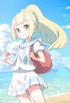  absurdres bag bangs beach blonde_hair blue_sky blunt_bangs blush braid cloud commentary_request cowboy_shot day green_eyes highres lillie_(pokemon) nazonazo_(nazonazot) ocean outdoors pleated_skirt poke_ball pokemon pokemon_(game) pokemon_sm ponytail school_uniform serafuku short_sleeves skirt sky smile 