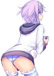  ass controller d-pad d-pad_hair_ornament daiaru focused from_behind hair_ornament highres holding_controller hood hooded_jacket jacket leaning_forward neptune_(choujigen_game_neptune) neptune_(series) open_mouth panties pantyshot playing_games purple_eyes purple_hair short_hair simple_background solo standing striped striped_legwear thighhighs thighs underwear upskirt white_background 