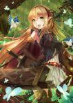  :d absurdres animal arisa_(shadowverse) arrow bangs bird black_shirt blonde_hair blush boots breasts brown_footwear brown_gloves brown_legwear bug butterfly commentary_request day dress eighth_note elbow_gloves eyebrows_visible_through_hair forest gloves green_eyes hair_between_eyes hair_ribbon highres holmemee insect large_breasts long_hair musical_note nature open_mouth outdoors red_ribbon ribbon shadowverse shirt sleeveless sleeveless_shirt smile solo thigh_boots thighhighs upper_teeth very_long_hair white_dress 