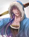  blue_shawl comeow1208 cu_chulainn_(fate/grand_order) earrings fang fate/grand_order fate_(series) grey_background hood jewelry lancer long_hair looking_at_viewer male_focus pectorals purple_hair red_eyes see-through simple_background smile solo staff upper_body 