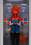  2018 anthro asper_(panzery25) blue_eyes canine clasped_hands clothed clothing english_text female fox half-closed_eyes inside looking_at_viewer mammal name_tag panzery25 signature solo standing text uniform window 