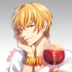  ahngkeut alcohol bangs blonde_hair bracelet closed_mouth cup drinking_glass fate/zero fate_(series) gilgamesh gradient gradient_background grey_background hand_on_own_cheek holding holding_cup jewelry male_focus necktie red_eyes shiny shiny_hair shirt smile solo twitter_username upper_body v-shaped_eyebrows white_shirt wine wine_glass 