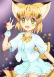  :d alternate_costume animal_ears blonde_hair bow bowtie cat_ears commentary_request extra_ears eyebrows_visible_through_hair green_eyes highres kemono_friends looking_at_viewer open_mouth sand_cat_(kemono_friends) shiraha_maru short_hair smile solo w 