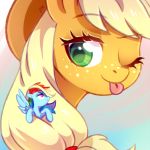  2018 applejack_(mlp) blep blonde_hair blue_feathers cowboy_hat cute duo earth_pony equine eyebrows eyebrows_visible_through_hair eyelashes feathered_wings feathers female feral freckles friendship_is_magic frown gradient_background green_eyes hair hair_tie hat horse jumblehorse mammal multicolored_hair my_little_pony nude one_eye_closed pegasus pony rainbow_dash_(mlp) rainbow_hair simple_background size_difference smile tongue tongue_out unamused wings wink 