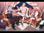  4boys abs ahoge alcohol alexander_(fate/grand_order) alternate_costume anklet black_footwear black_hair black_pants blonde_hair blue_hair blush bottle bouquet braid brown_hair closed_eyes closed_mouth couch creature crossed_legs curtains dress drunk fate/grand_order fate_(series) flower fou_(fate/grand_order) fujimaru_ritsuka_(female) fujimaru_ritsuka_(male) gilgamesh glass grin high_heels highres holding holding_microphone jacket jewelry lancer long_hair looking_at_viewer messy_hair microphone multiple_boys necklace pants ponytail pouring print_shirt purple_dress purple_footwear purple_shirt red_eyes red_flower red_hair red_rose rose shirt shoes short_hair side_ponytail single_braid sitting smile table tsubasara_mingri wavy_mouth white_footwear white_jacket white_pants yellow_eyes 