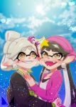  2girls :d aori_(splatoon) beanie black_hair blue_sky blush chichi_band cloud collarbone day domino_mask earrings furisode grey_hair grin hair_ribbon hat hotaru_(splatoon) hug jacket japanese_clothes jewelry kimono lens_flare light_particles long_hair long_sleeves looking_away looking_up mask mole mole_under_eye multiple_girls obi open_clothes open_jacket open_mouth outdoors pink_hat pointy_ears red_ribbon ribbon sash shirt sky smile splatoon_(series) splatoon_2 star teeth tentacle_hair twintails upper_body white_shirt yellow_eyes 