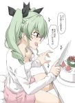  anchovy bespectacled black_ribbon bow bra breasts cake check_commentary check_translation cleavage commentary commentary_request drill_hair elf_(stroll_in_the_woods) food fruit girls_und_panzer glasses green_hair hair_ribbon highres holding holding_knife knife long_sleeves open_mouth pink-framed_eyewear pink_bra pink_shorts red_eyes ribbon shirt shorts sitting solo strap_gap strawberry translation_request twin_drills underwear white_shirt wreath 
