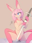  2018 anthro breasts electrycpynk female lagomorph mammal melee_weapon nipples pussy rabbit solo sword weapon 