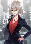  alternate_costume bag bangs black_jacket blonde_hair building car city collarbone earrings eyebrows_visible_through_hair fate/grand_order fate_(series) grey_hair ground_vehicle hand_on_hip highres jacket jeanne_d'arc_(alter)_(fate) jeanne_d'arc_(fate)_(all) jewelry long_sleeves monochrome_background motor_vehicle necklace outdoors parted_lips pendant red_shirt shirt short_hair shoulder_bag smile solo tsurukame upper_body v-neck 
