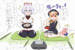  2girls :d abigail_williams_(fate/grand_order) bangs barefoot black_bow black_dress black_hat black_pants blonde_hair blush bow bug butterfly controller dress fate/grand_order fate_(series) game_console game_controller gamepad hair_bow hair_ribbon hat high_ponytail highres holding insect japanese_clothes kimono long_hair long_sleeves multiple_girls neon-tetora obi open_mouth orange_bow pants parted_bangs playing_games ponytail red_eyes red_ribbon ribbon sash shaded_face short_kimono silver_hair sitting sleeves_past_fingers sleeves_past_wrists smile stuffed_animal stuffed_toy super_smash_bros. sweat tatami tears teddy_bear tomoe_gozen_(fate/grand_order) translated very_long_hair wariza white_kimono 