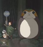  ^_^ bb-8 brown_hair closed_eyes commentary crossover happy leaf leaf_on_head michael_pasquale porg rain rey_(star_wars) sign staff star_wars star_wars:_the_last_jedi tonari_no_totoro totoro_bus_stop triple_bun watermark web_address 