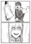  1girl axe bodysuit comeow1208 fate/grand_order fate_(series) greyscale here's_johnny! lancer long_hair looking_to_the_side medb_(fate)_(all) medb_(fate/grand_order) monochrome parody pauldrons ponytail scared shaded_face smile the_shining translated troll_face 