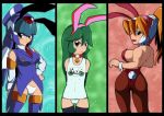  3girls arm_behind_back ass backless_outfit bangs bare_arms bare_shoulders bell_collar black_border blonde_hair blush border bunny_costume bunny_ears bunny_hair_ornament bunny_tail bunnysuit capcom chocker ciel_(rockman) closed_mouth covered_nipples eyebrows_visible_through_hair green_hair hair_between_eyes hairband hand_on_hip headgear helmet high_ponytail large_breasts leviathan_(rockman) long_hair looking_at_viewer looking_back looking_to_the_side necktie open_mouth pandora_(rockman) pantyhose ponytail red_eyes red_neckwear rockman rockman_zero rockman_zx school_swimsuit semikichi sideboob small_breasts smile swimsuit thighhighs wrist_cuffs 