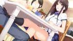  black_hair brown_eyes drink game_cg hibiki_works iizuki_tasuku kisaragi_maaya long_hair onee-chan_no_yuuwaku seifuku skirt 