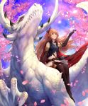  absurdres arisa_(shadowverse) belt black_gloves black_legwear blue_sky breasts cape cherry_blossoms cloud day dragon elbow_gloves glint gloves green_eyes highres kei1115 long_hair looking_up outdoors pointy_ears purple_eyes red_cape shadowverse sheath sheathed sidesaddle sitting sky small_breasts solo sword thighhighs weapon 